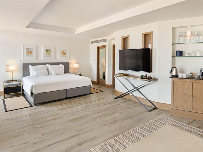 Habitación de hotel luminosa con cama grande, televisor, suelo de madera y mobiliario moderno.