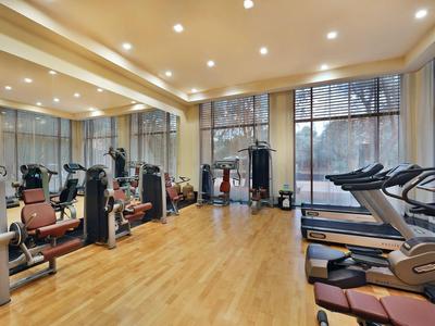 Heller Fitnessraum mit Holzboden, verschiedenen Trainingsgeräten und großen Fenstern.