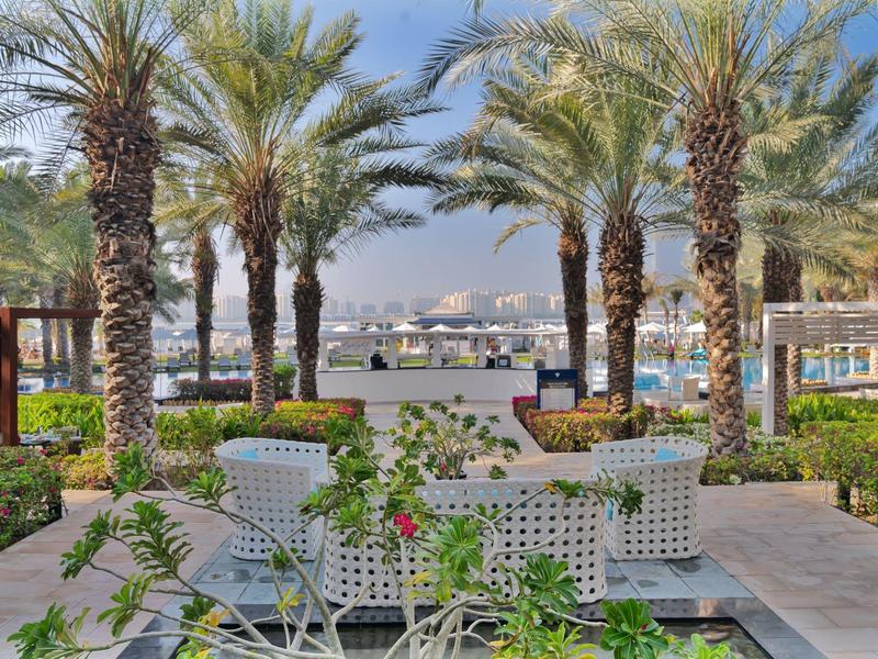 Hotelterrasse mit Palmen, Sitzbereich und Blick auf die Stadt im Hintergrund.