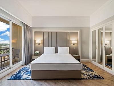 Modernes Hotelzimmer mit Doppelbett, großem Spiegel und Zugang zum Balkon mit Blick auf die Stadt.