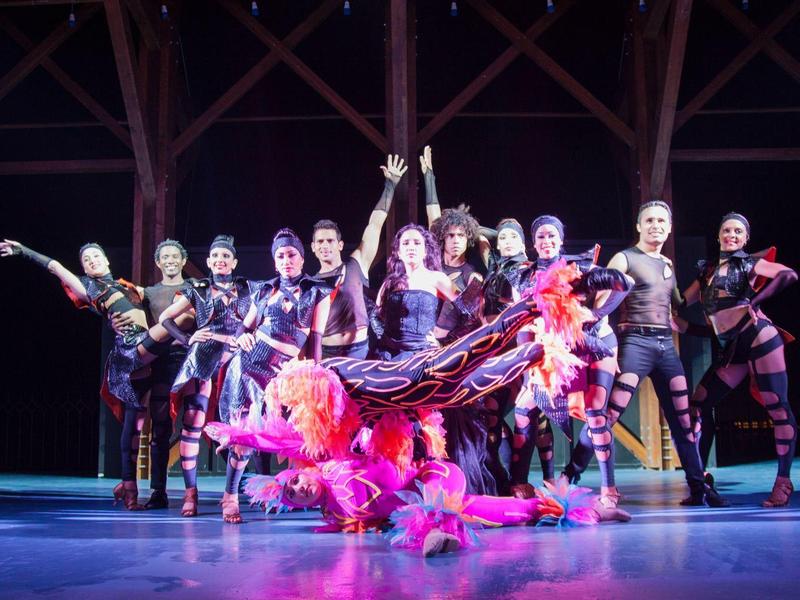 Theaterbühne mit einer Gruppe von Schauspielern in auffälligen Kostümen posierend.