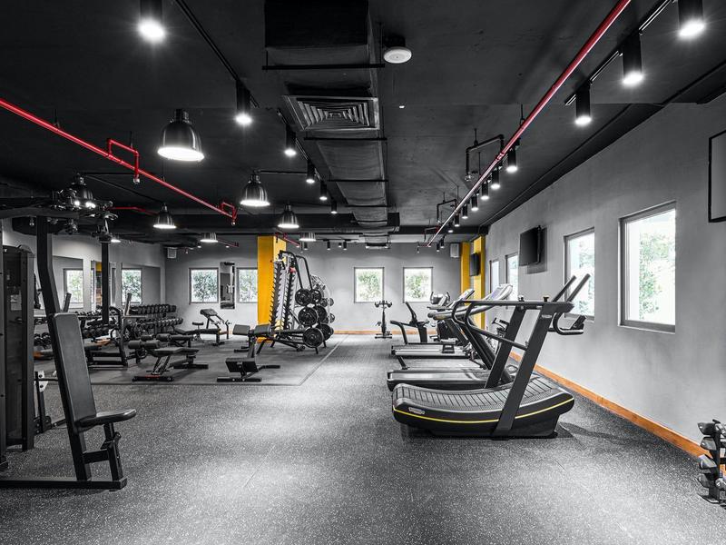 Nowoczesna siłownia z bieżniami, ciężarami i jasnymi oknami.