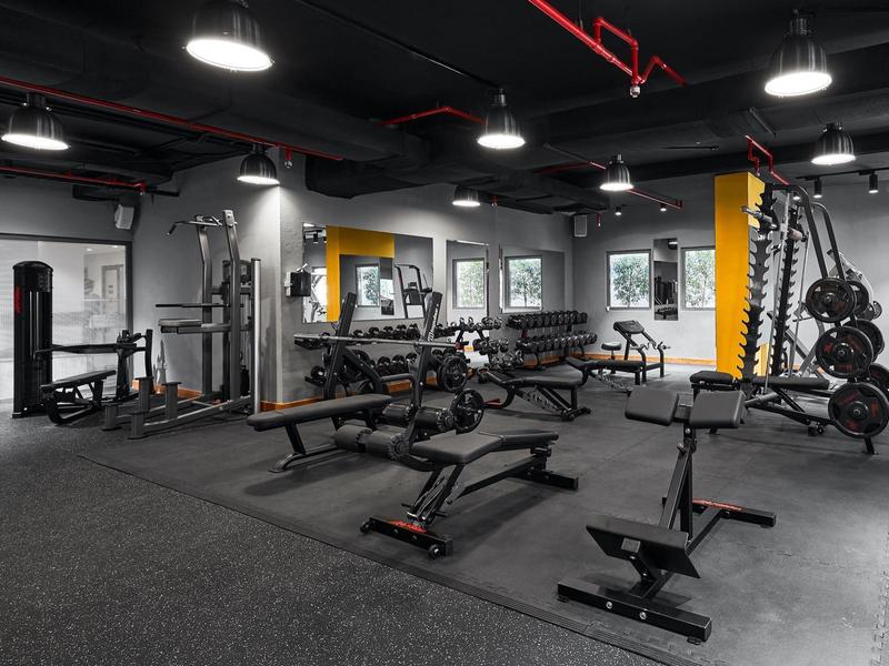 Nowoczesna siłownia z różnymi urządzeniami i ciężarami w hotelu.
