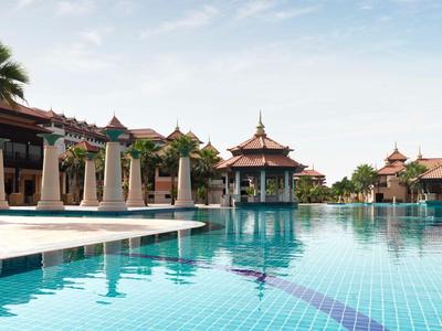 Luxuriöser Hotelpool mit Palmen, blauen Wasserflächen und asiatisch inspirierten Gebäuden im Hintergrund.