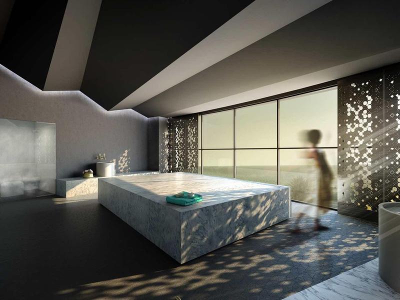 Moderner, heller Raum mit großem Bett, Fensterfront und dekorativen Schattenspielen an Wand und Boden.