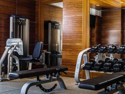 Innenansicht eines Fitnessraums mit Hanteln und Trainingsgeräten vor Holzverkleidungen und Spiegeln.