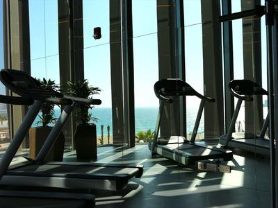 Fitnessraum mit Laufbändern vor großen Fenstern und Meerblick bei Tageslicht.