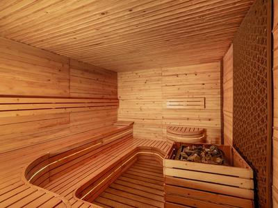 Sauna interior de madera con bancos curvos y calentador de piedras para relajación