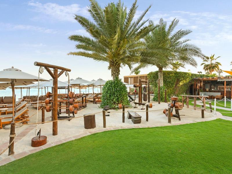 Área exterior relajante con muebles de madera, sombrillas y palmeras cerca del mar en el hotel.