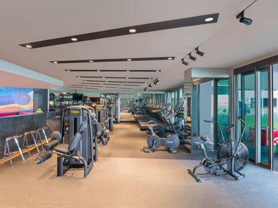 Modern gym with high-quality equipment and a view of the outdoor area.