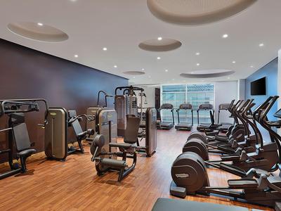 Modern gym with various exercise machines and treadmills in front of large windows.