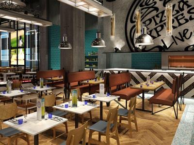 Restaurant d'hôtel moderne avec tables en bois, chaises et grande œuvre murale en lumière naturelle.