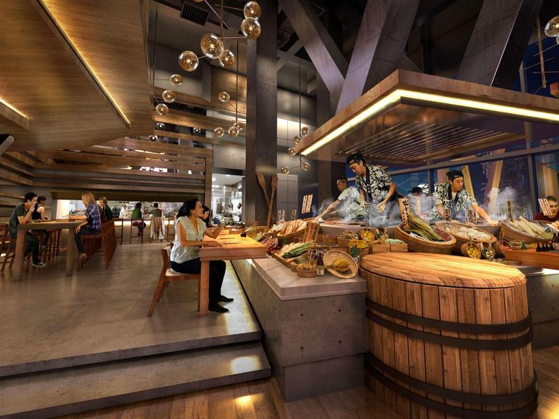 Moderní restaurace s dřevěným pultem, vysokými židličkami a nástěnným uměním s asijskou tváří.