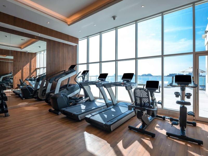 Helles Fitnessstudio mit großen Fenstern, Laufbändern und stationären Fahrrädern auf Holzboden.