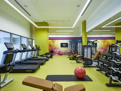 Fitnessstudio mit Laufbändern, Hanteln, Trainingsgeräten und Gymnastikbällen in hellem, grünem Raum.