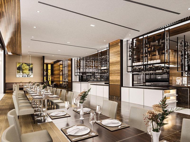 Modernes Restaurant mit langem gedecktem Holztisch und stilvoller Beleuchtung.