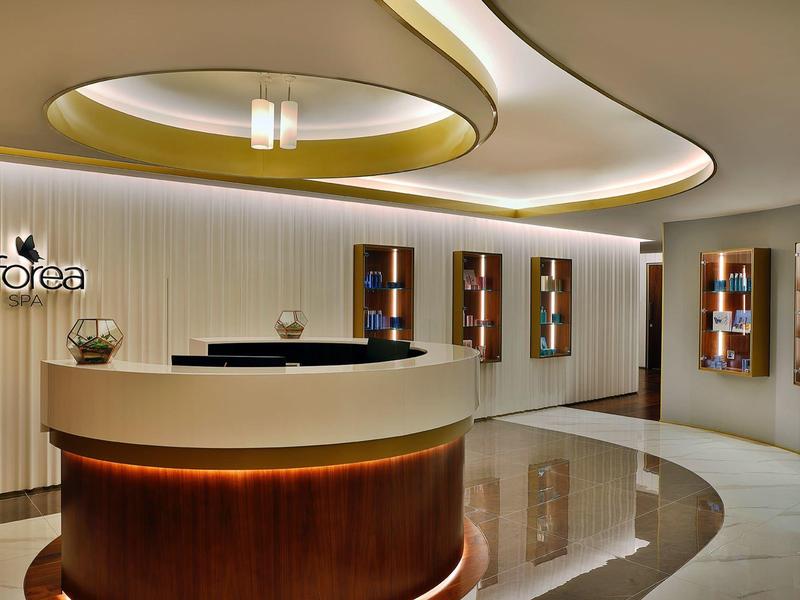 Eleganter Empfangsbereich mit rundem Tresen und beleuchteten Wandregalen in einem Hotel.