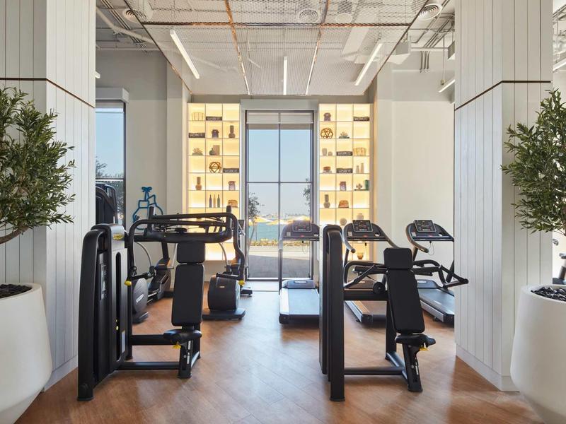 Heller Fitnessraum mit Holzfußboden, Geräten und zwei großen Pflanzen in weißen Töpfen.