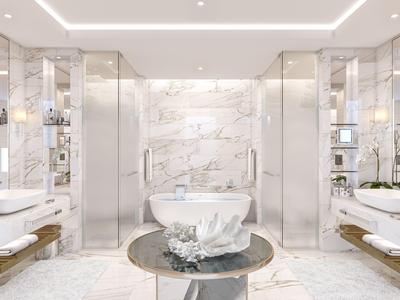 Luxuriöses, modernes Badezimmer mit Marmorwänden, zwei Waschbecken und zentralem Tisch mit Dekoration.