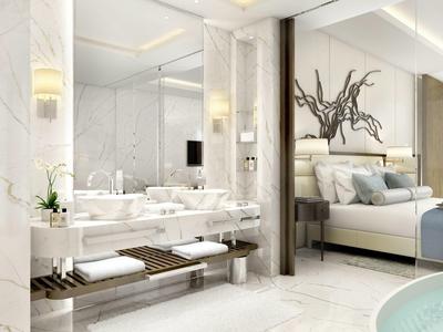 Modernes Badezimmer mit Marmorwänden, Doppelwaschbecken und Blick auf ein Schlafzimmer.