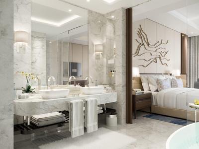 Luxuriöses Badezimmer mit Marmorwänden, Doppelwaschbecken und Blick auf schickes Schlafzimmer.