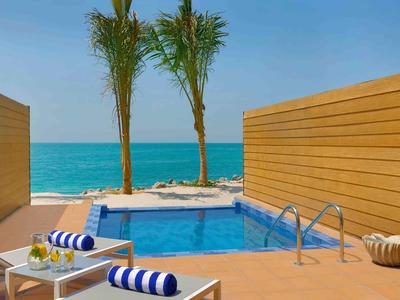 Small pool on terrace with sea view, palm trees, and loungers with blue towels.