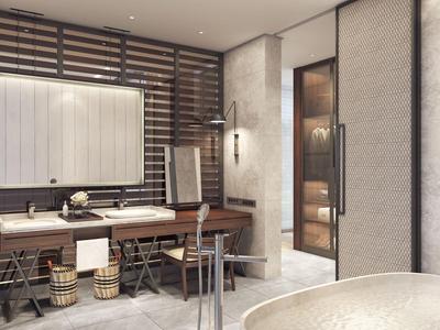 Modernes Badezimmer mit großem Waschbecken, Holzregalen, Wäschekörben und indirekter Beleuchtung.