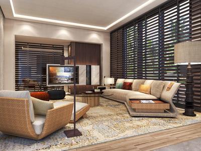 Modernes Wohnzimmer mit großer Eckcouch, Ledersessel, Teppich und breiten Fensterläden.