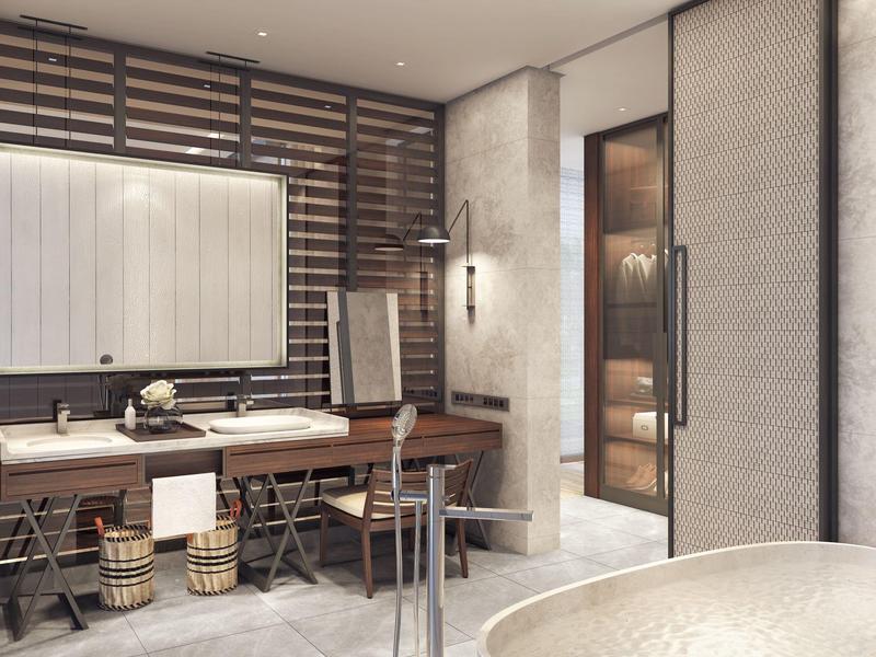 Modernes Badezimmer mit großem Waschbecken, Holzregalen, Wäschekörben und indirekter Beleuchtung.