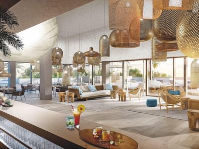 Heller, moderner Innenraum mit großen Fenstern, gemütlichen Sitzgruppen und natürlichen Holzakzenten.