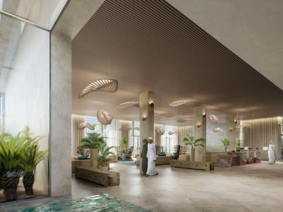 Weitläufige Hotellobby mit modernen Sitzbereichen, hohen Decken und großen Glasfenstern.