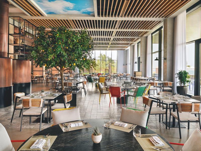 Modernes, helles Restaurant mit großen Fenstern, Holzdecke, Pflanzen und farbigen Stühlen.