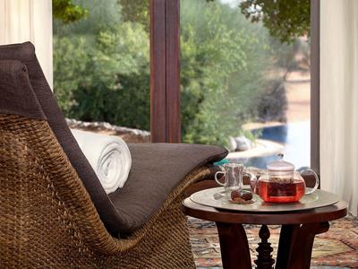 Cozy wicker chair with cushion and teapot by window overlooking green garden.