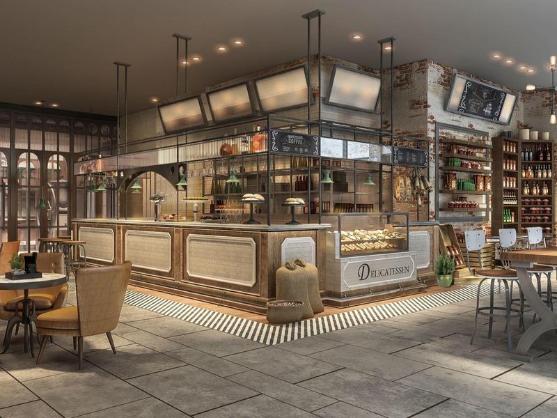 Modernes Café mit Holztischen, Polstersesseln und hellen Deckenleuchten in warmem Ambiente.