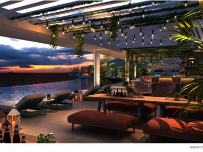 Luksusowy taras na dachu z meblami wypoczynkowymi i widokiem na morze o zachodzie słońca