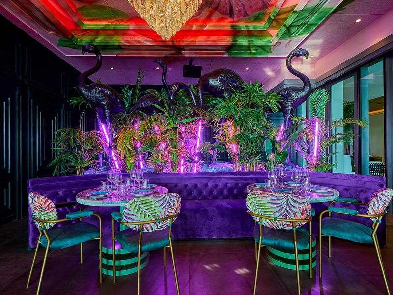 Bunte Bar mit lila Beleuchtung, grünen Pflanzen und stilvollen Stühlen in modernem Design.