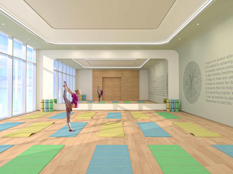 Moderner Yogaraum mit bunten Matten, großen Fenstern und Spiegelwand, helle Farbgestaltung.