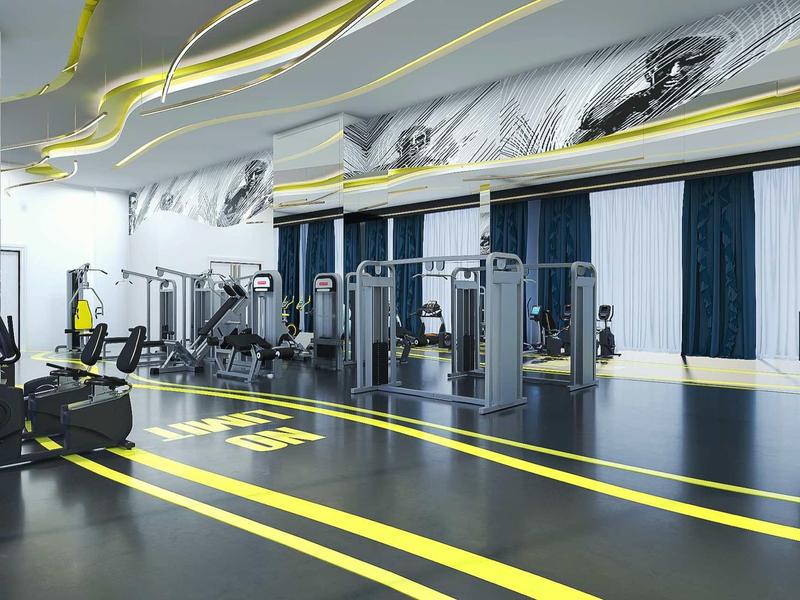 Moderne Fitnesshalle mit Geräten, breiten Fenstern, schwarzen und gelben Kontrasten und großem Raum.
