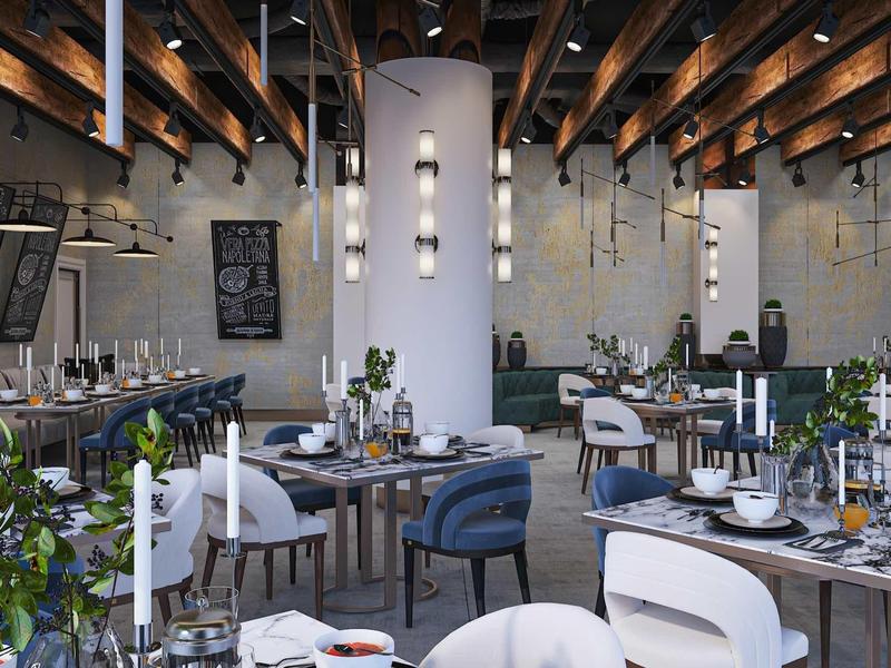 Modernes Restaurant mit grauen Wänden, Holzbalkendecke, runden Tischen und eleganten Stühlen.