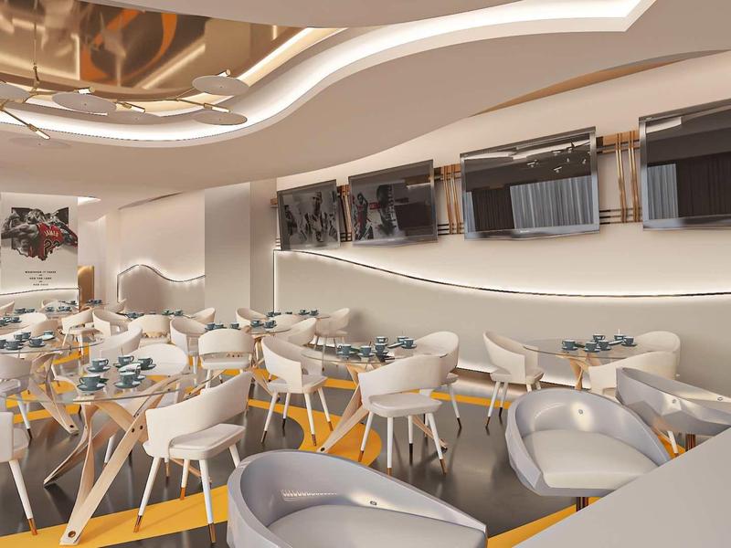 Modernes Restaurant mit weißen Stühlen, Holz- und Glastischen, weicher Beleuchtung und dekorativen Akzenten.