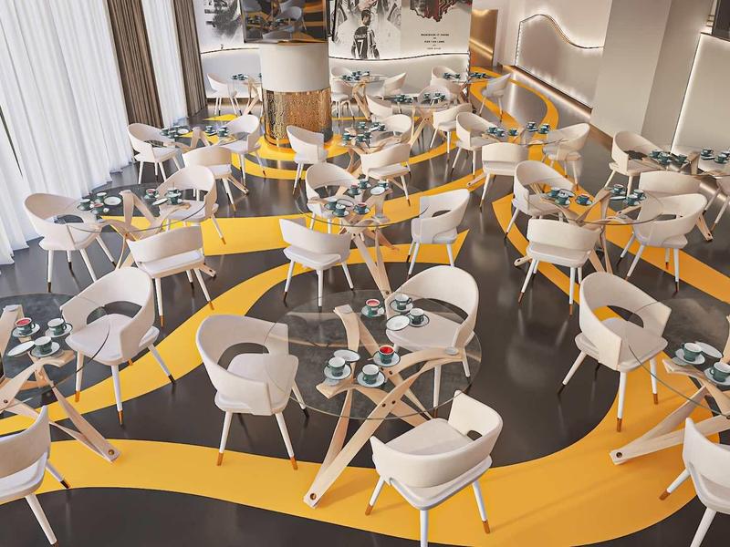 Moderner Gastraum mit Glasplatten, weißen Stühlen und gelbem Bodenmuster.