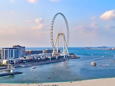 Groot reuzenrad aan de kust met uitzicht op zee en omliggende gebouwen bij heldere lucht.
