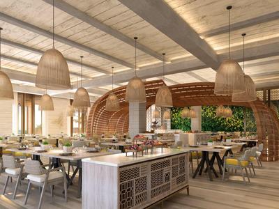 Modernes, helles Restaurant mit Holzdekor, grünen Pflanzen und vielen Sitzgelegenheiten.