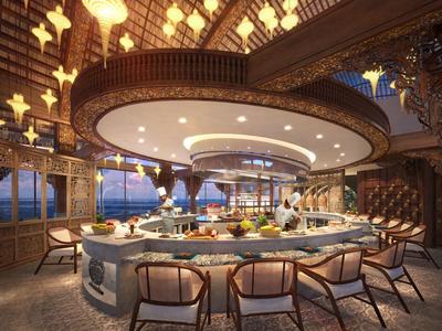 Eleganter Essbereich mit runder Bar, stilvollen Stühlen und warmem Licht in luxuriösem Interieur.