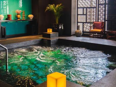 Nowoczesne wewnętrzne jacuzzi z stylowym oświetleniem i dekoracją w eleganckim pokoju.