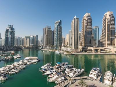 Widok na marinę z wieloma jachtami na tle panoramy nowoczesnych wieżowców przy bezchmurnym niebie.