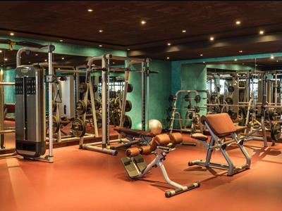 Fitnessraum mit verschiedenen Trainingsgeräten und Spiegeln an den Wänden