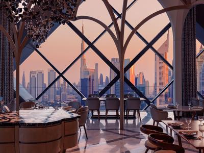 Elegantes Restaurant mit Panoramafenstern und Blick auf die Skyline bei Sonnenuntergang.