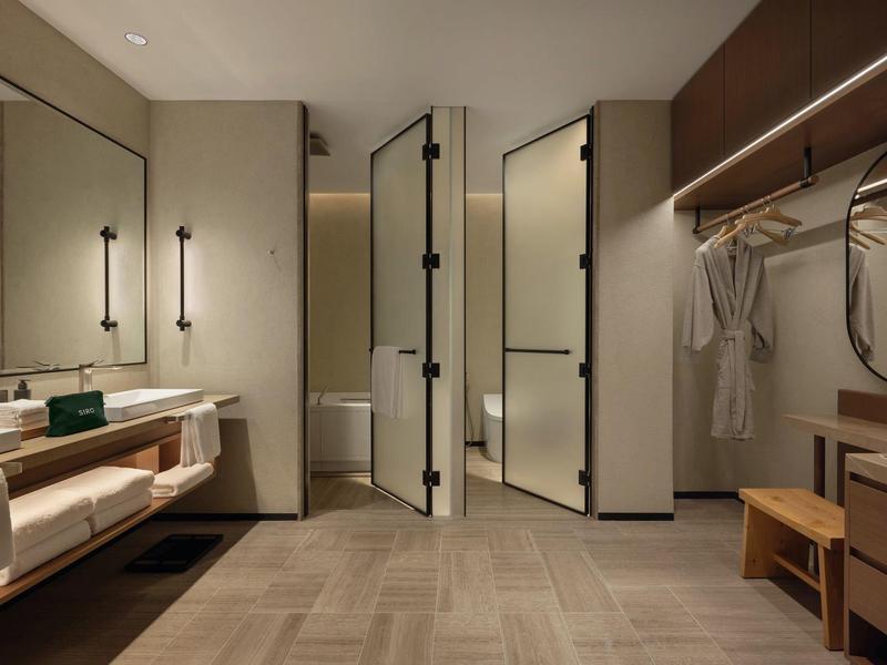 Modern hotel room with sink, open wardrobe, and bathroom area.