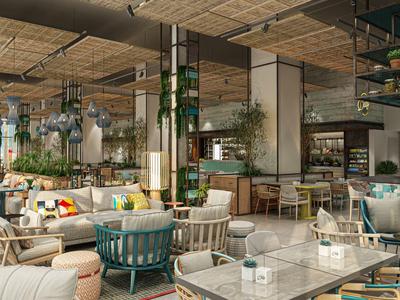 Světá, moderní hotelová restaurace s pohodlnými posezeními a spoustou zeleně.